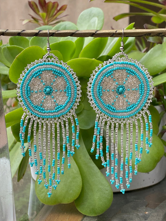 Large Turquoise and Silvery White Dreamcatcher Huichol Earrings