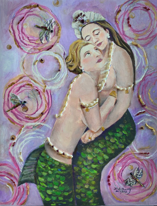 "Two Mermaids in Pink" Embellished Giclee Print by Linda Queally