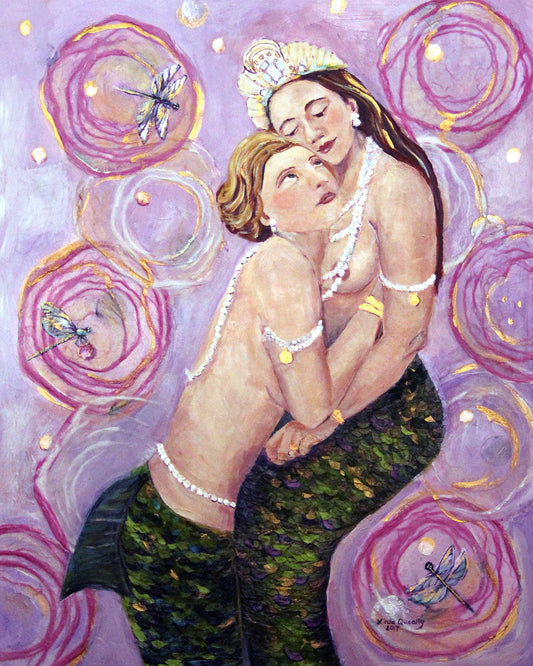 "Two Mermaids in Pink" Acrylic on Cradled Claybord | 20"x16" |