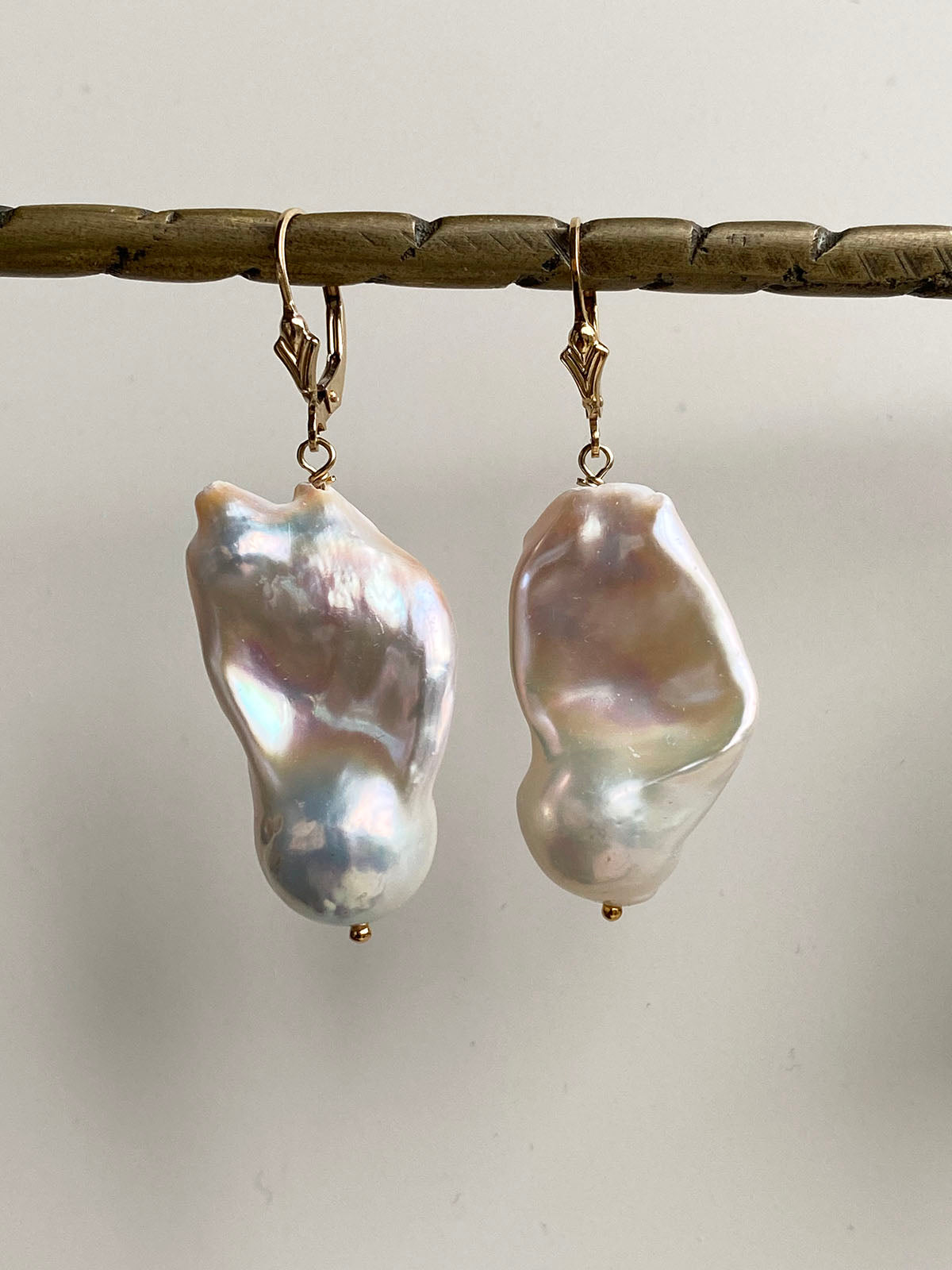 17-32mm Iridescent White Freshwater Fireballs with a Pink Flash on 14k GF Wires by Linda Queally