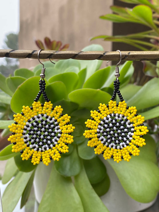 Yellow, Black and White Flower Huichol Earrings