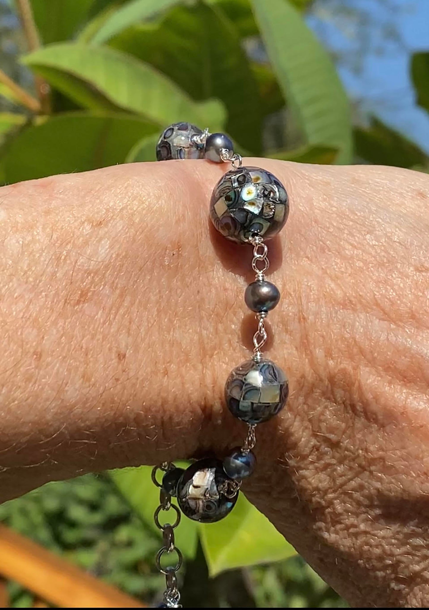 Black Abalone Mosaic Inlay Beaded Bracelet with Tiny Black Pearls and Sterling Silver