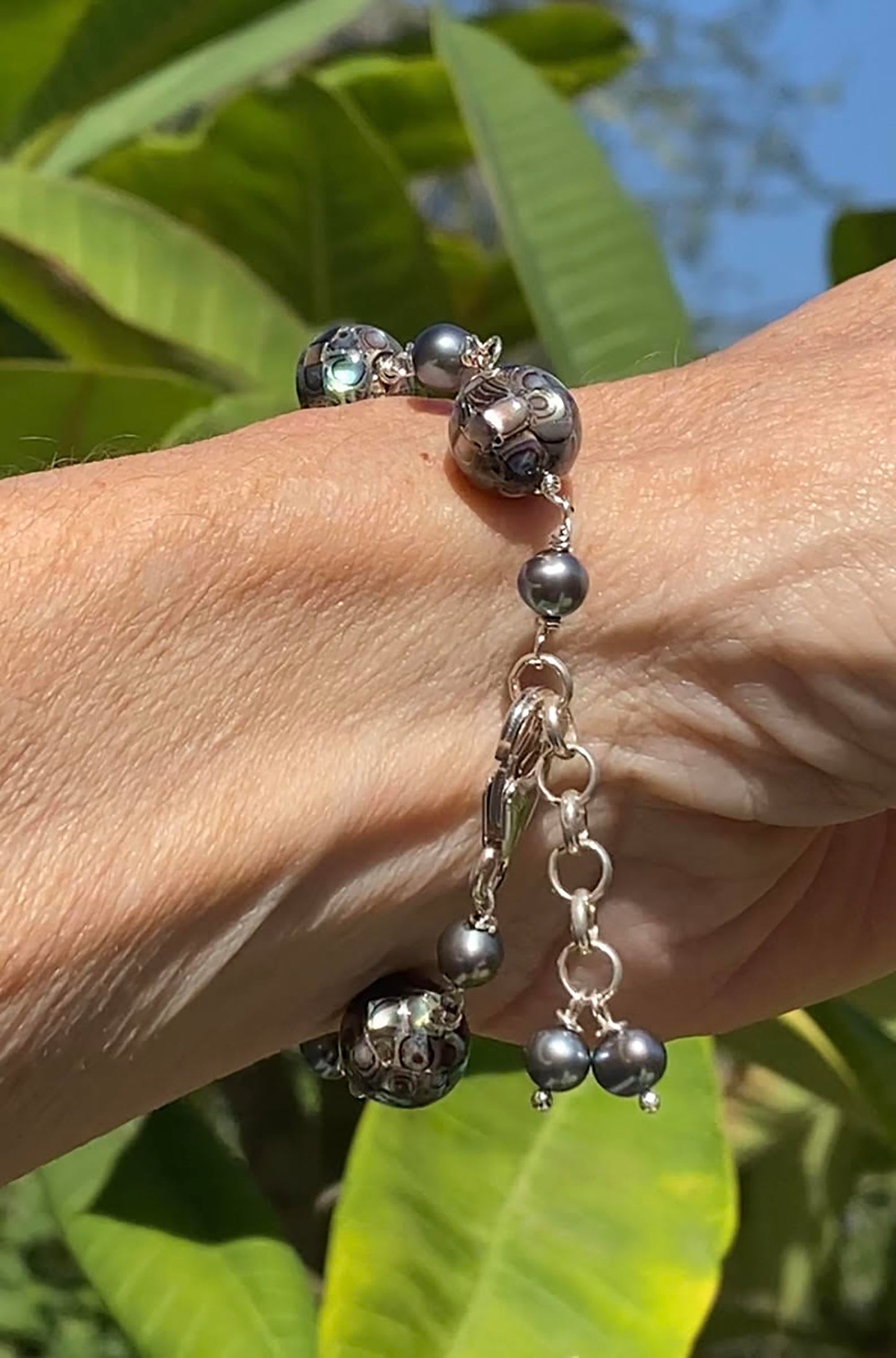 Black Abalone Mosaic Inlay Beaded Bracelet with Tiny Black Pearls and Sterling Silver