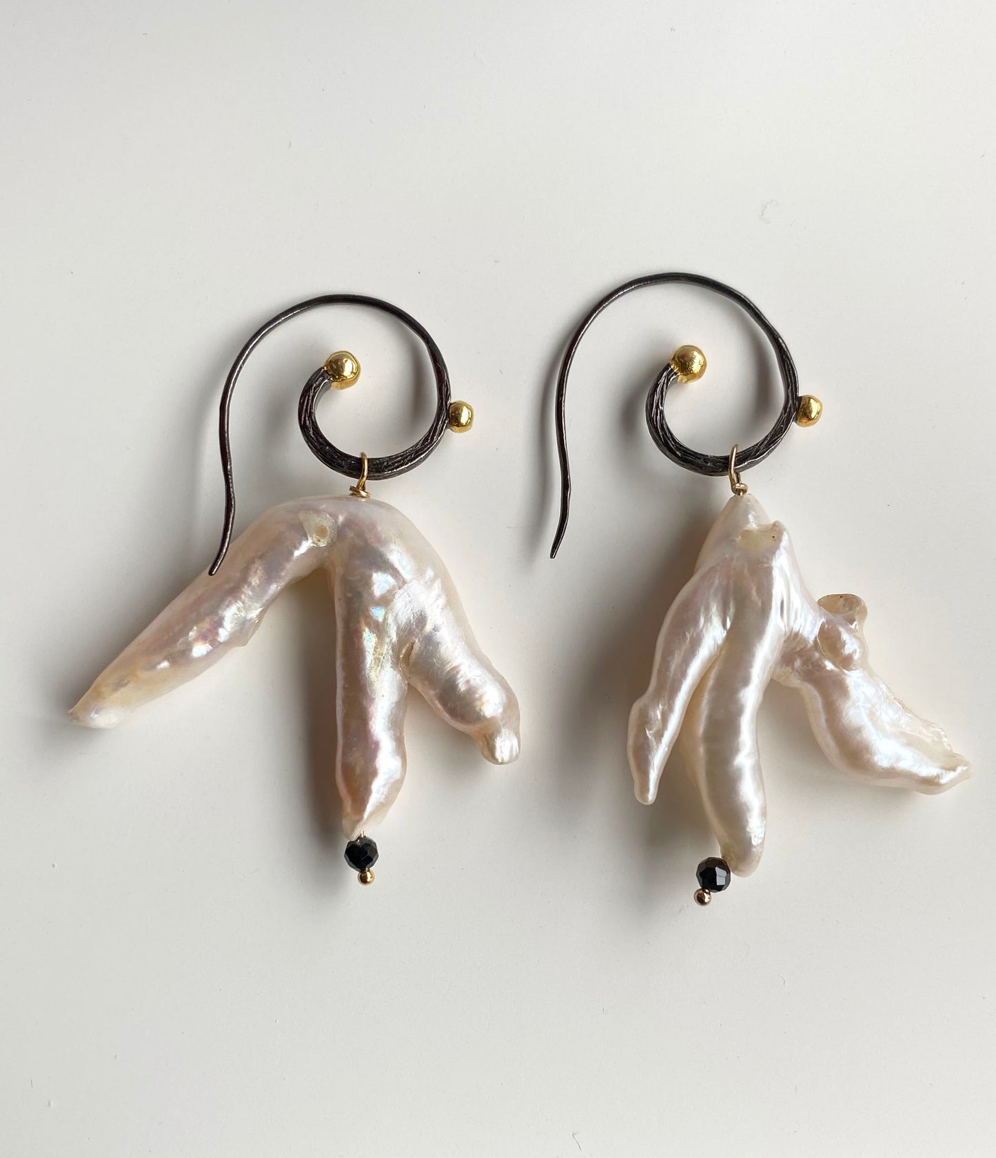 Large White Baroque Branch Pearl Earrings on Black Anodized Sterling Silver and 14K Gold Filled Spiral Earwires
