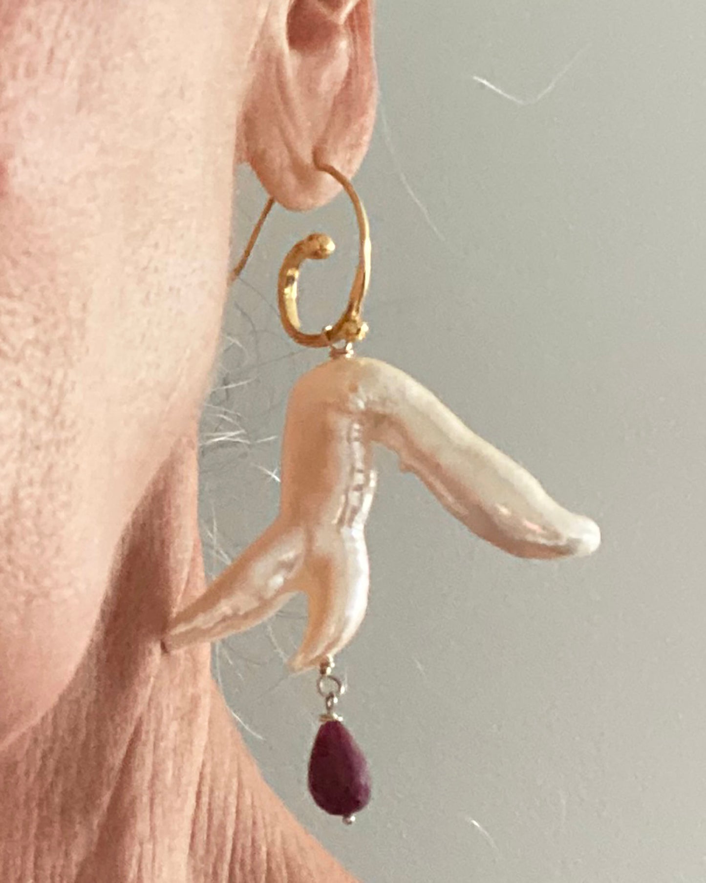 Stunning Baroque Branch Pearls with Ruby Drop on Gold Vermeil Spiral Ear Wires