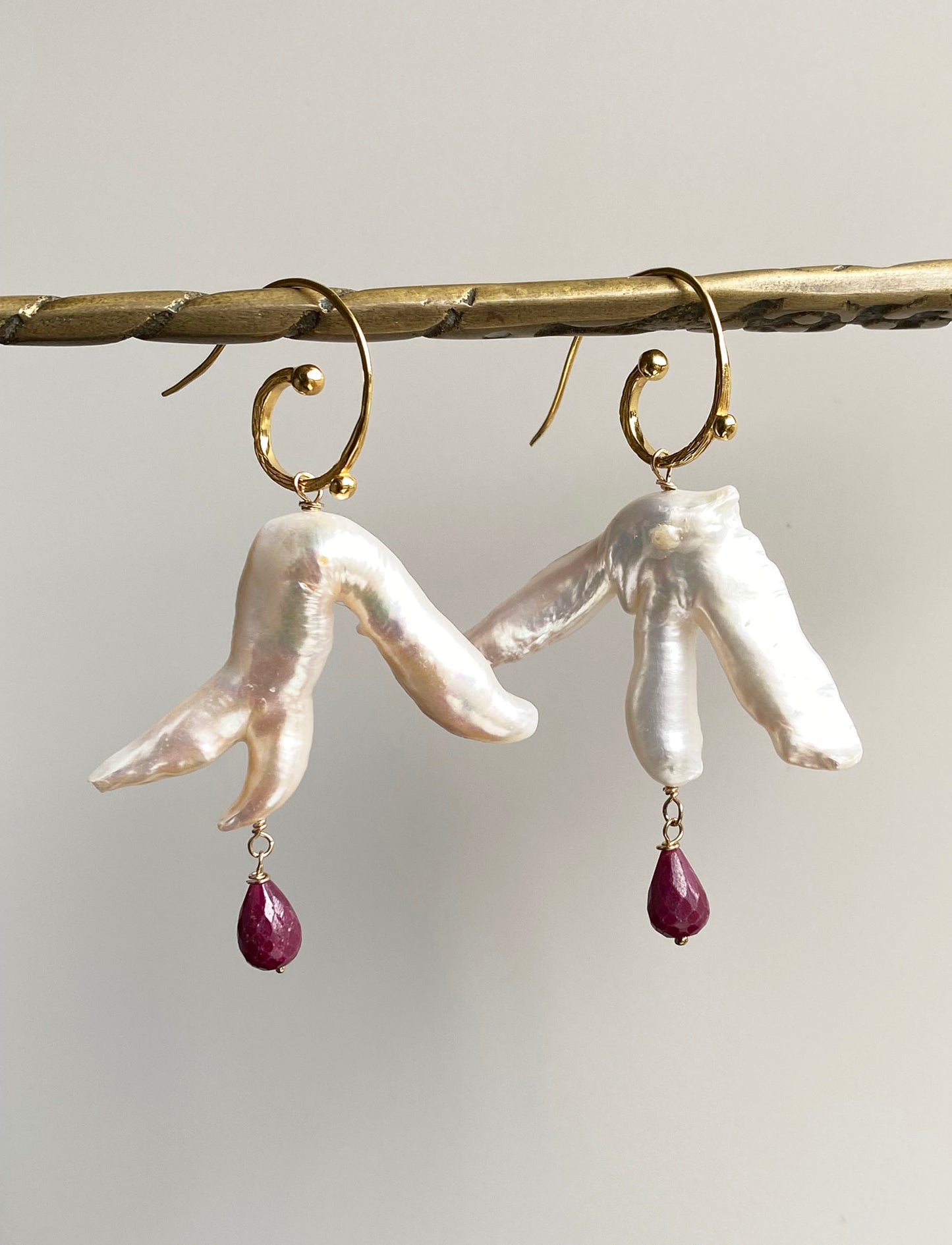 Stunning Baroque Branch Pearls with Ruby Drop on Gold Vermeil Spiral Ear Wires