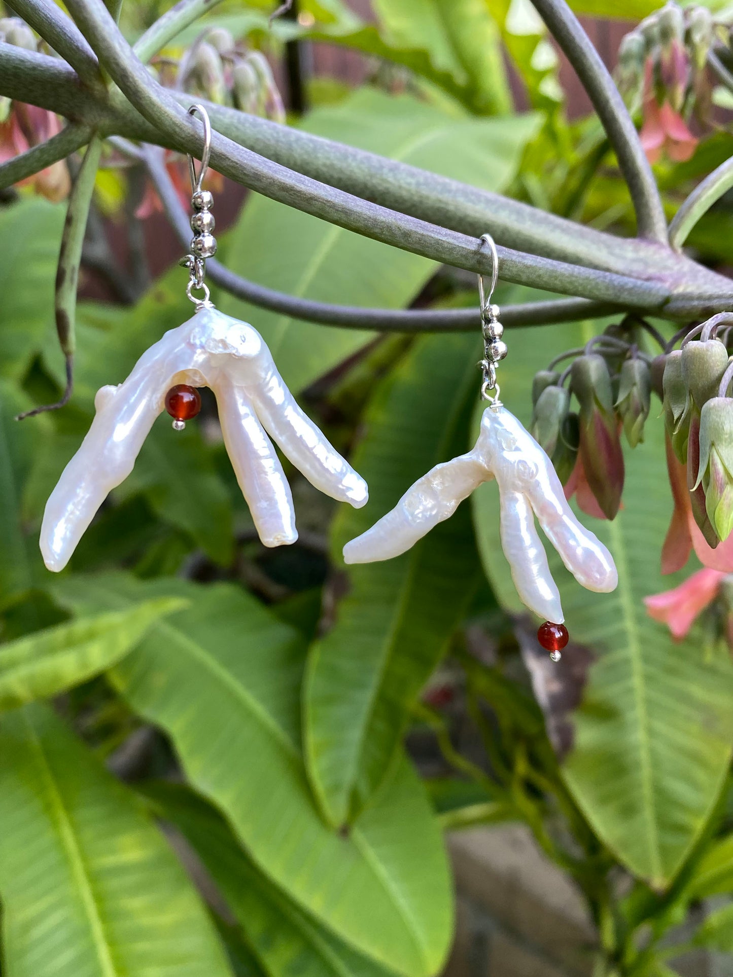 Large White Baroque Branch Pearl Earrings with Spessartite Garnet Bead on Sterling Silver Wires