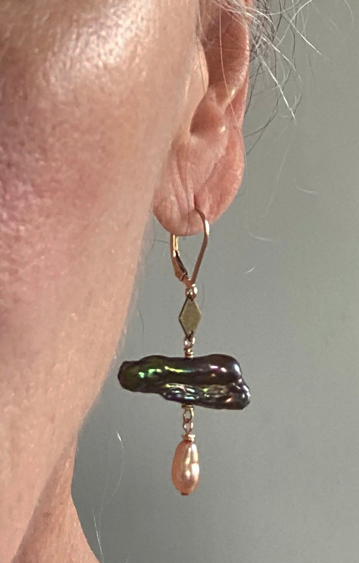 Iridescent Brown Keshi with Gold Drop and Harlequin on 14k Gold Filled Ear Wires by Linda Queally