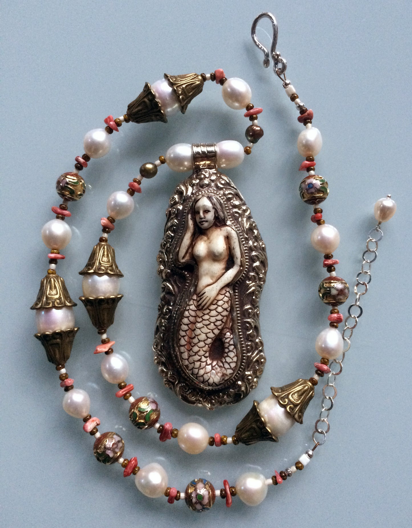 Carved Bone Mermaid Centerpiece from Nepal with Freshwater Pearls, Coral and Cloisonne