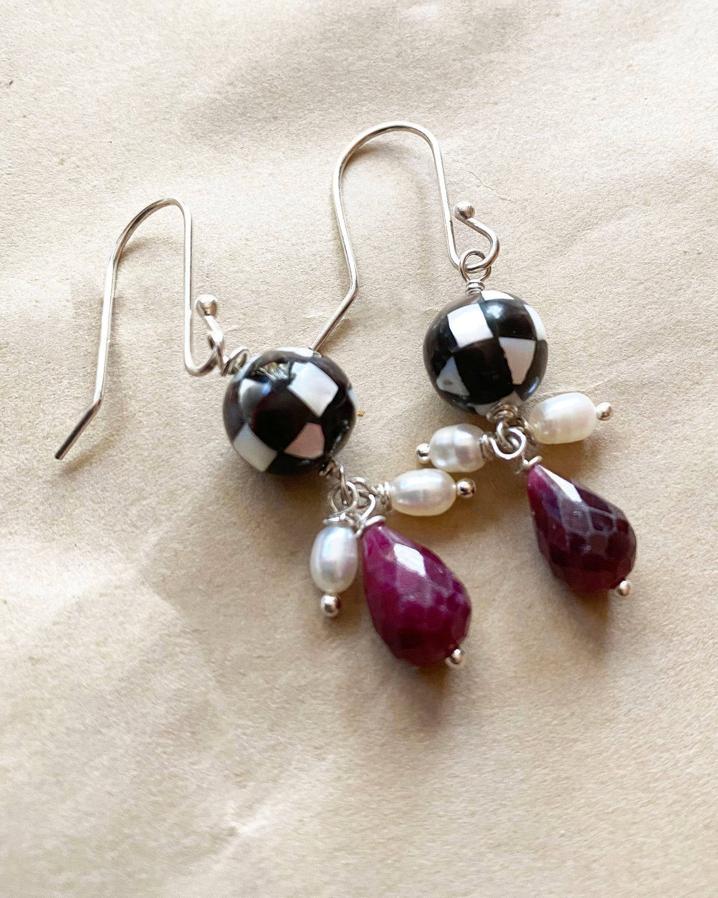 Checkerboard Shell Inlay with Ruby Teardrop on Sterling Silver Ear Wires