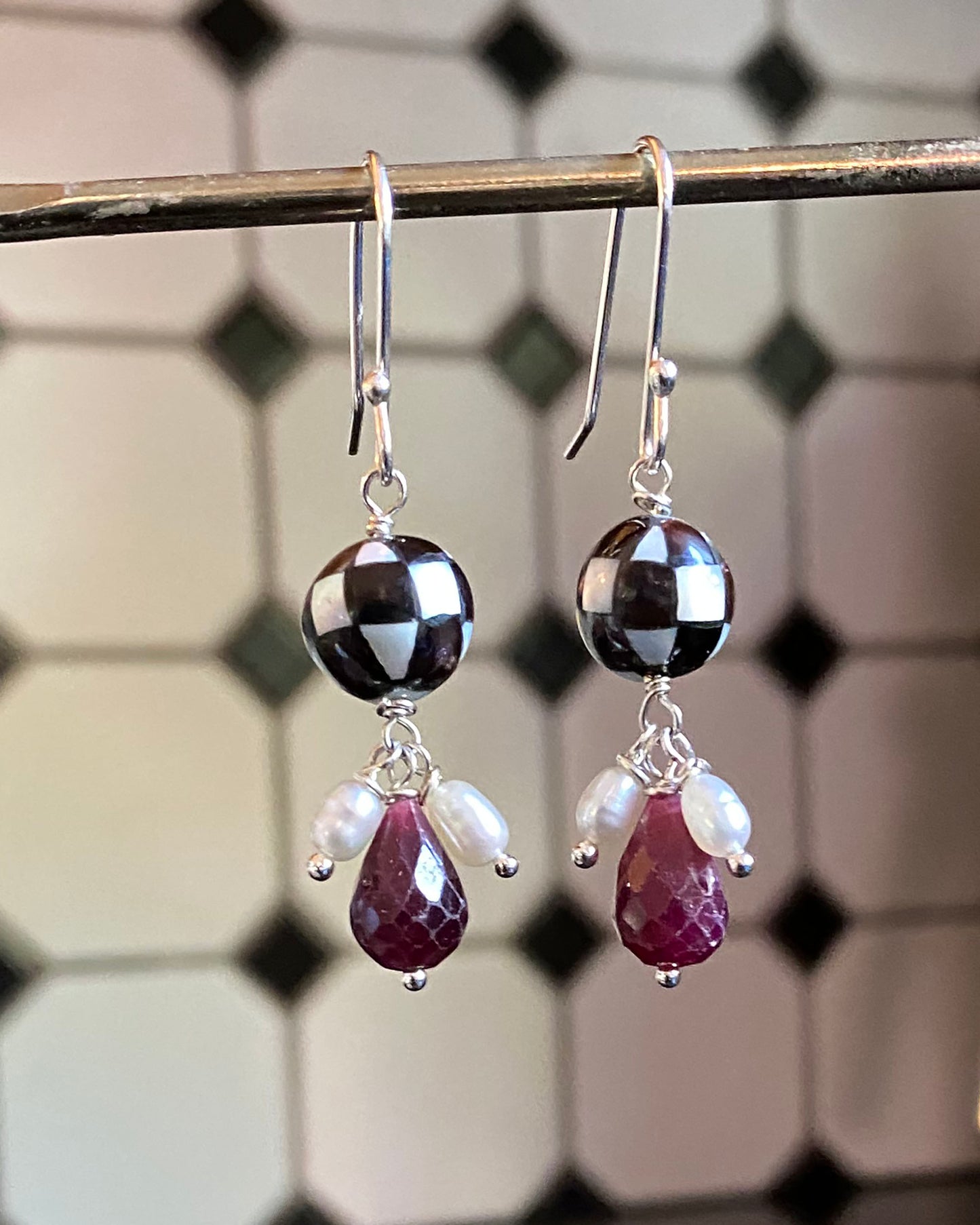 Checkerboard Shell Inlay with Ruby Teardrop on Sterling Silver Ear Wires