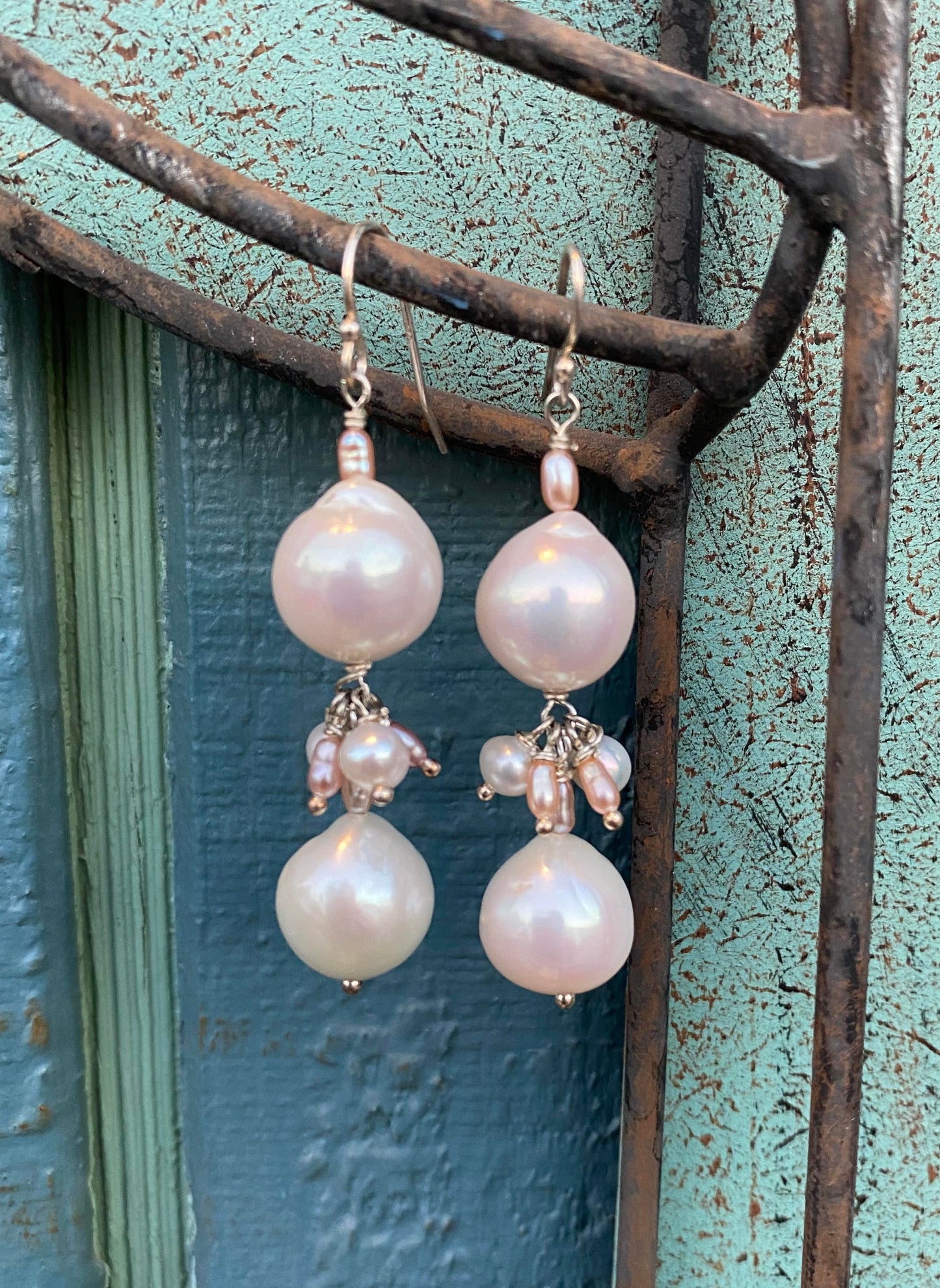 Luscious 11mm White Japanese Akoya Pearl Earrings with White and pale Pink Freshwater Cluster on Sterling Silver Wires