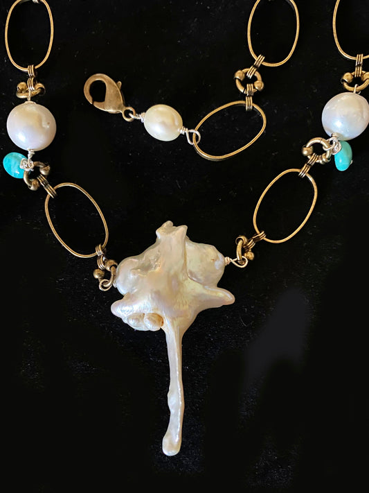 Freshwater Key Pearl and Turquoise Necklace on Delicate Brass Oval Chain
