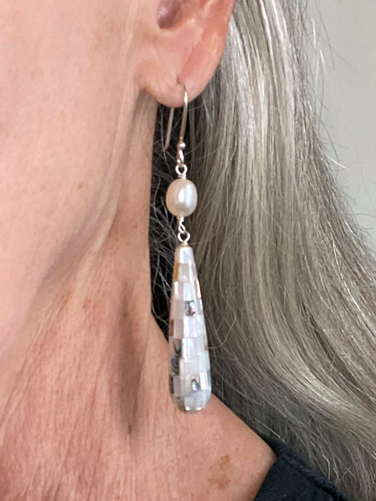 Long Teardrop Mosaic Mother of Pearl and Abalone in White Resin with Freshwater Pearl Drop Earrings on Sterling Silver Wires by Linda Queally