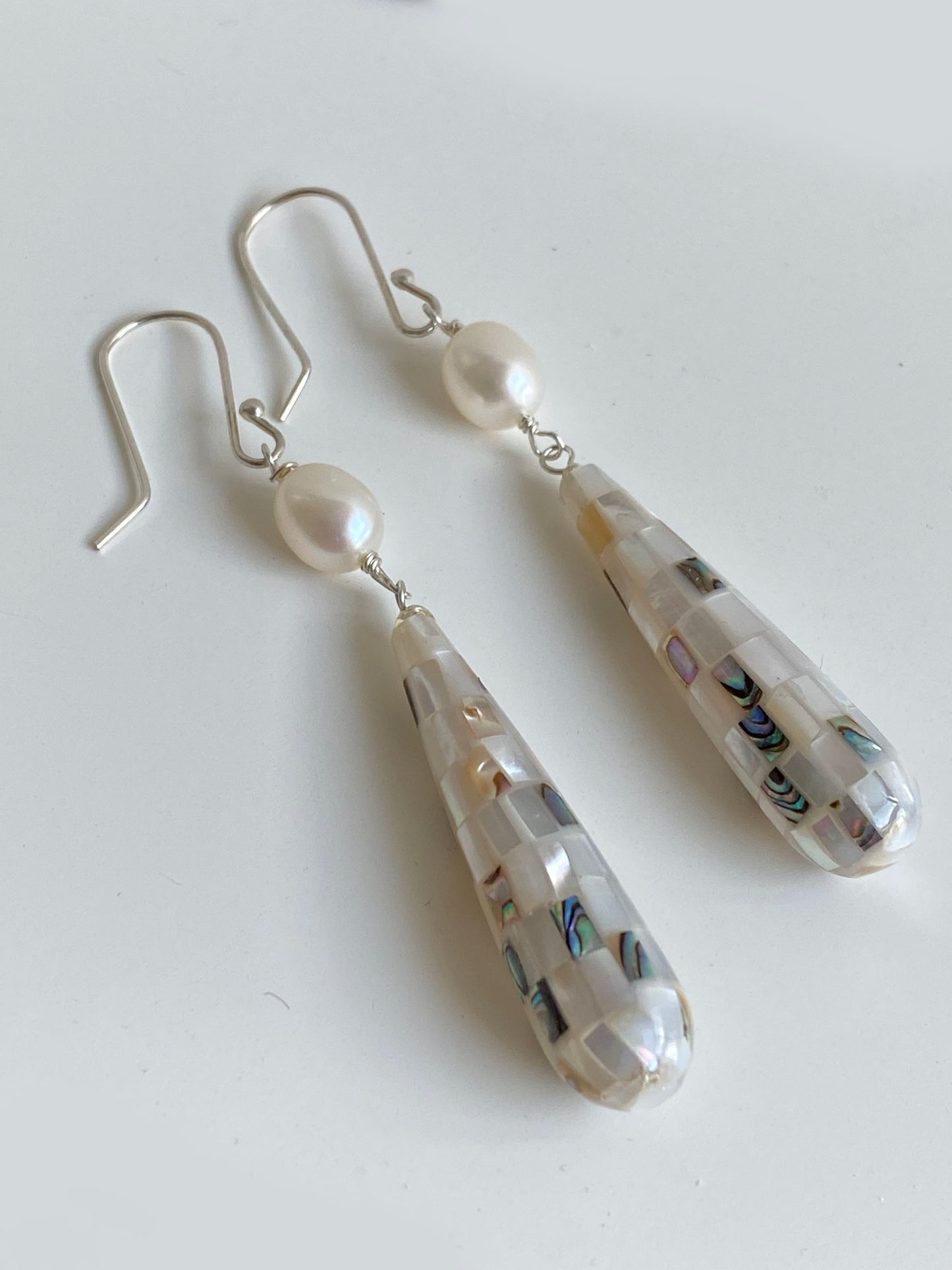 Long Teardrop Mosaic Mother of Pearl and Abalone in White Resin with Freshwater Pearl Drop Earrings on Sterling Silver Wires by Linda Queally