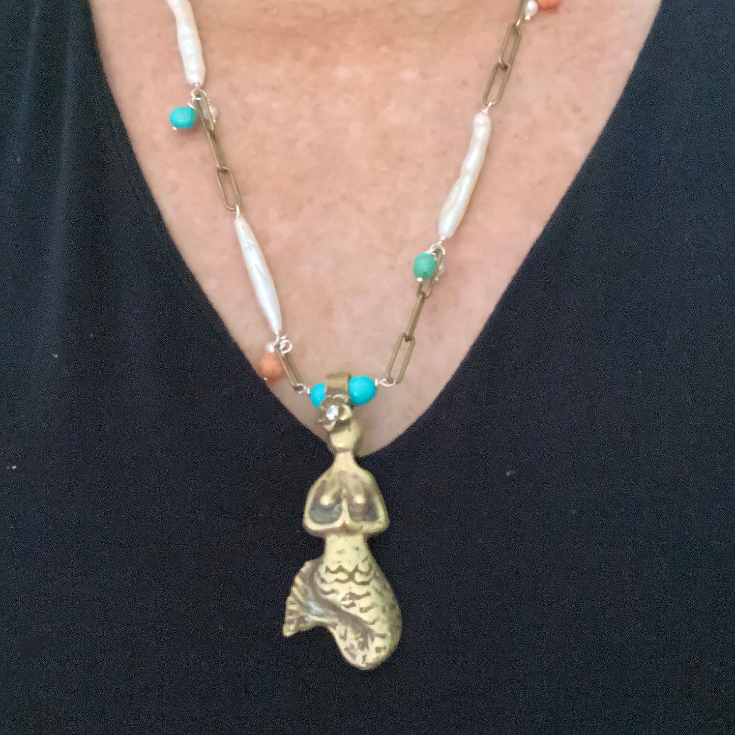 Namaste Mermaid with Plumeria, Turquoise, Angelskin Coral and Freshwater Pearls