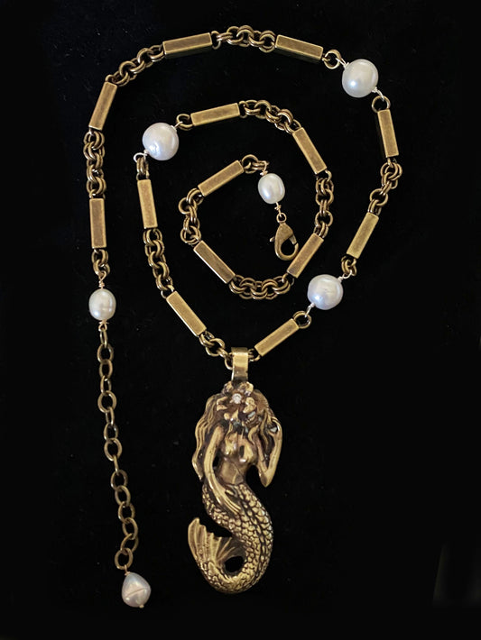 Curvy Mermaid with Plumeria on Gleaming Brass Bar Chain with Freshwater Pearls