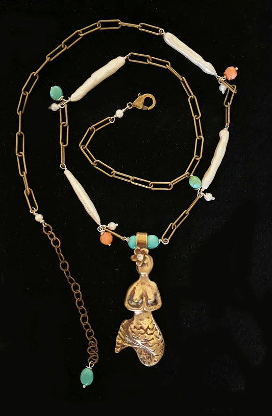 Namaste Mermaid with Plumeria, Turquoise, Angelskin Coral and Freshwater Pearls