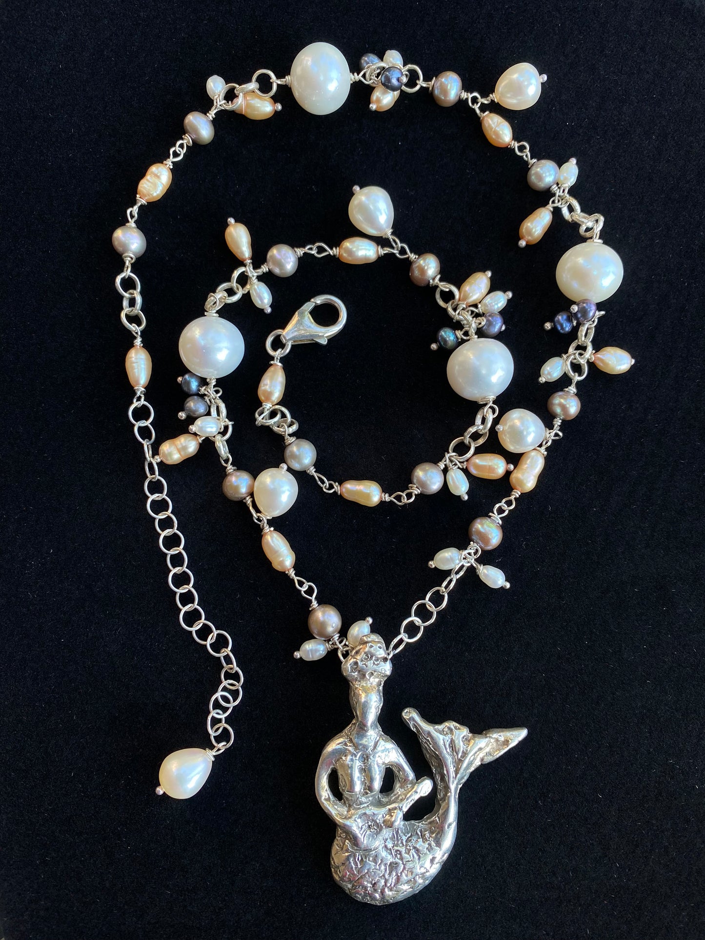 Custom Designed Mermaid with an Ukulele in Sterling Silver with Freshwater Pearls
