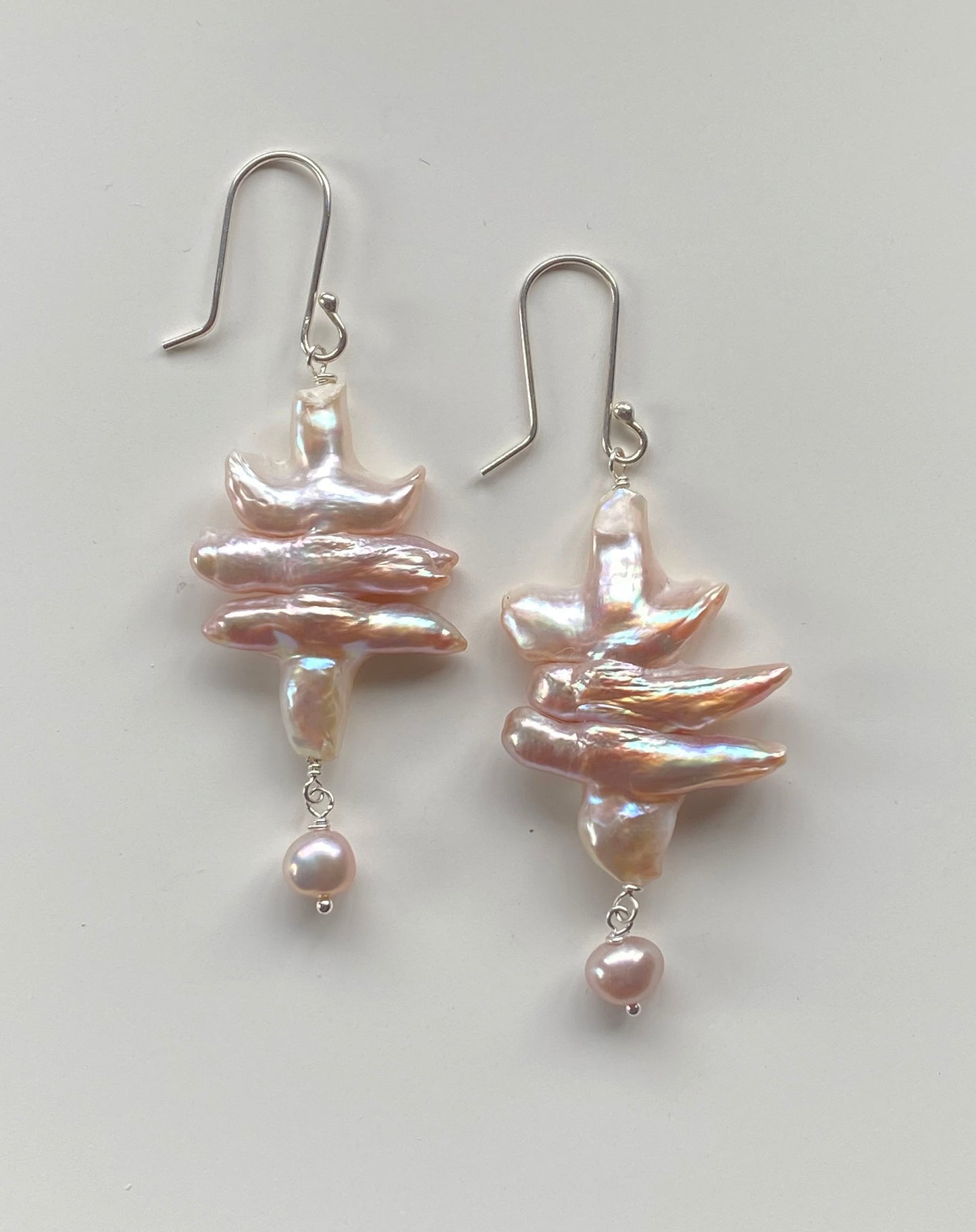 Pagoda Shaped 26-36mm Freshwater Pearl Earrings with Drop on Sterling Silver Wires by Linda Queally