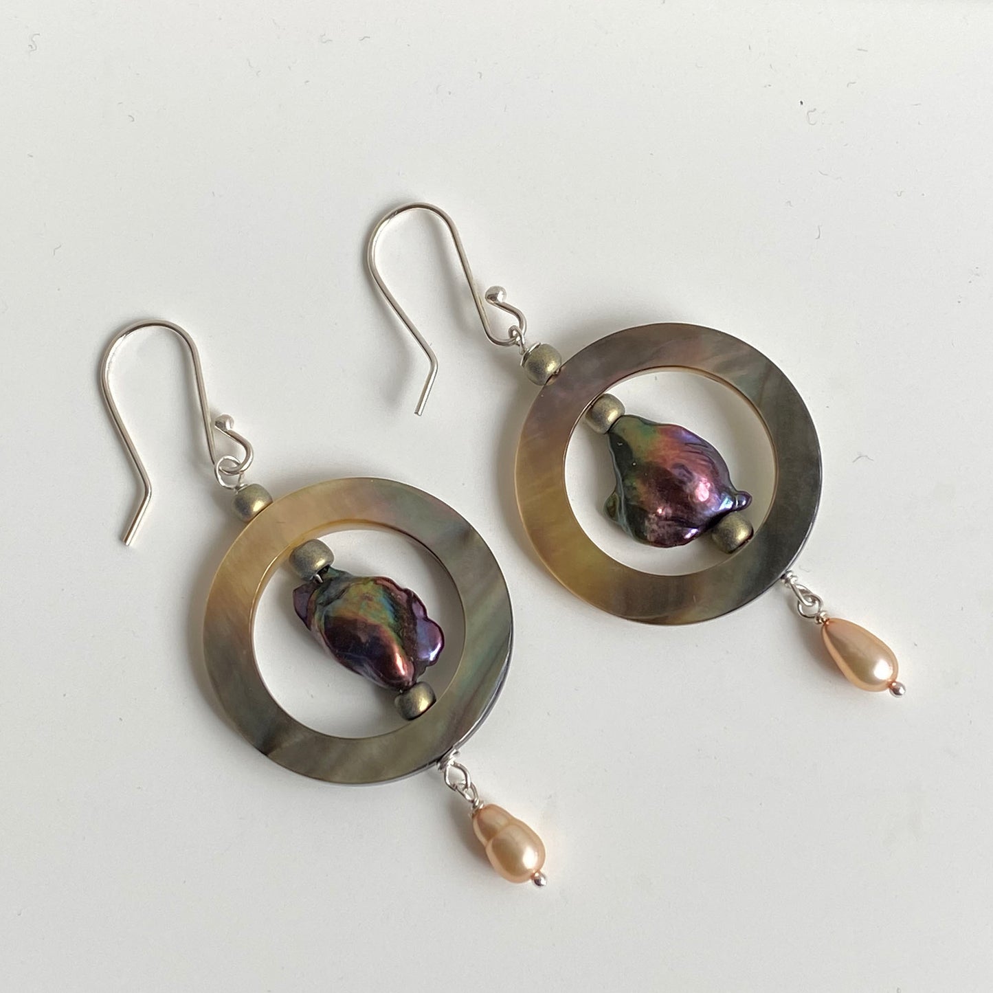Shell Circle with Rainbow Iridescent Freshwater Pearl and Gold Drop on Sterling Silver Wires by Linda Queally
