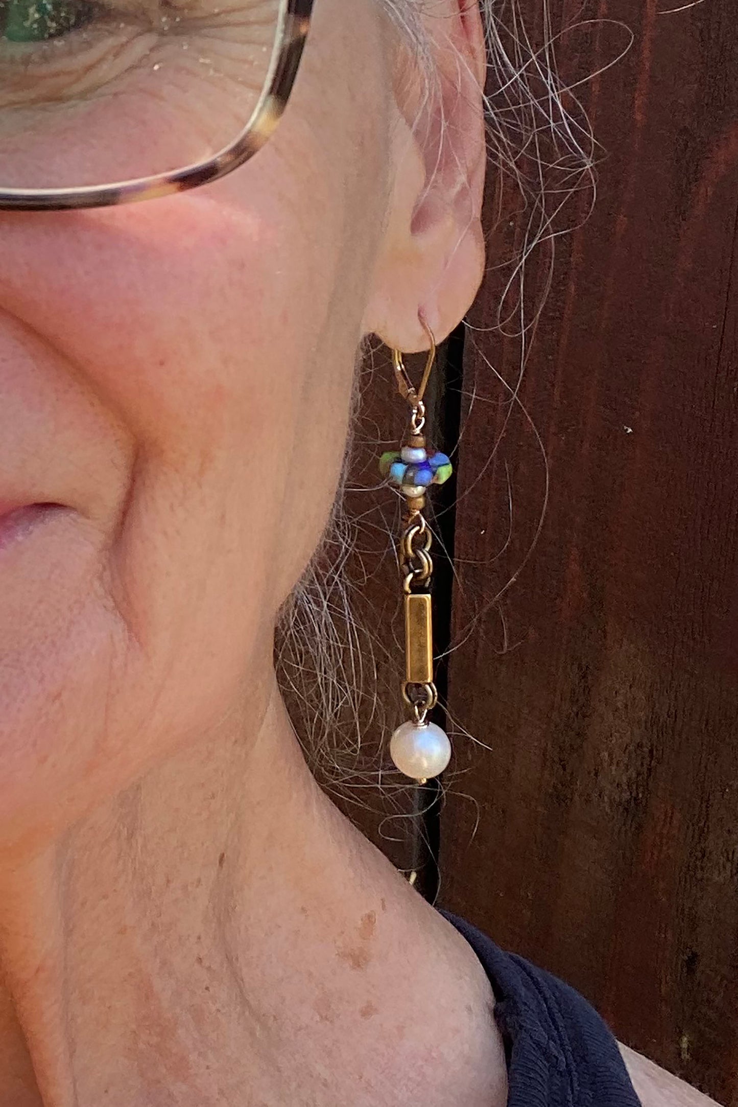 Long Freshwater Pearl and Recycled African Glass Earrings on Gleaming Brass Bar Chain