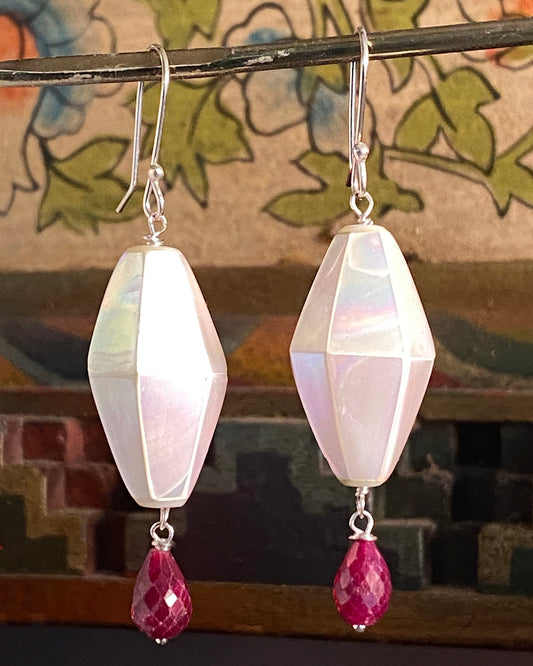 Inlay Shell with Faceted Ruby Teardrop on Sterling Silver Ear Wires