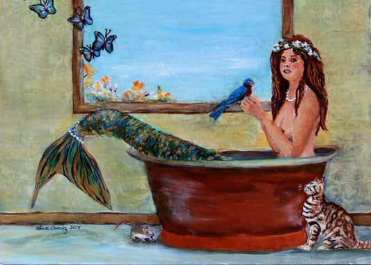 "Spring Mermaid" Mixed Media on Cradled Claybord | 11"x14" |