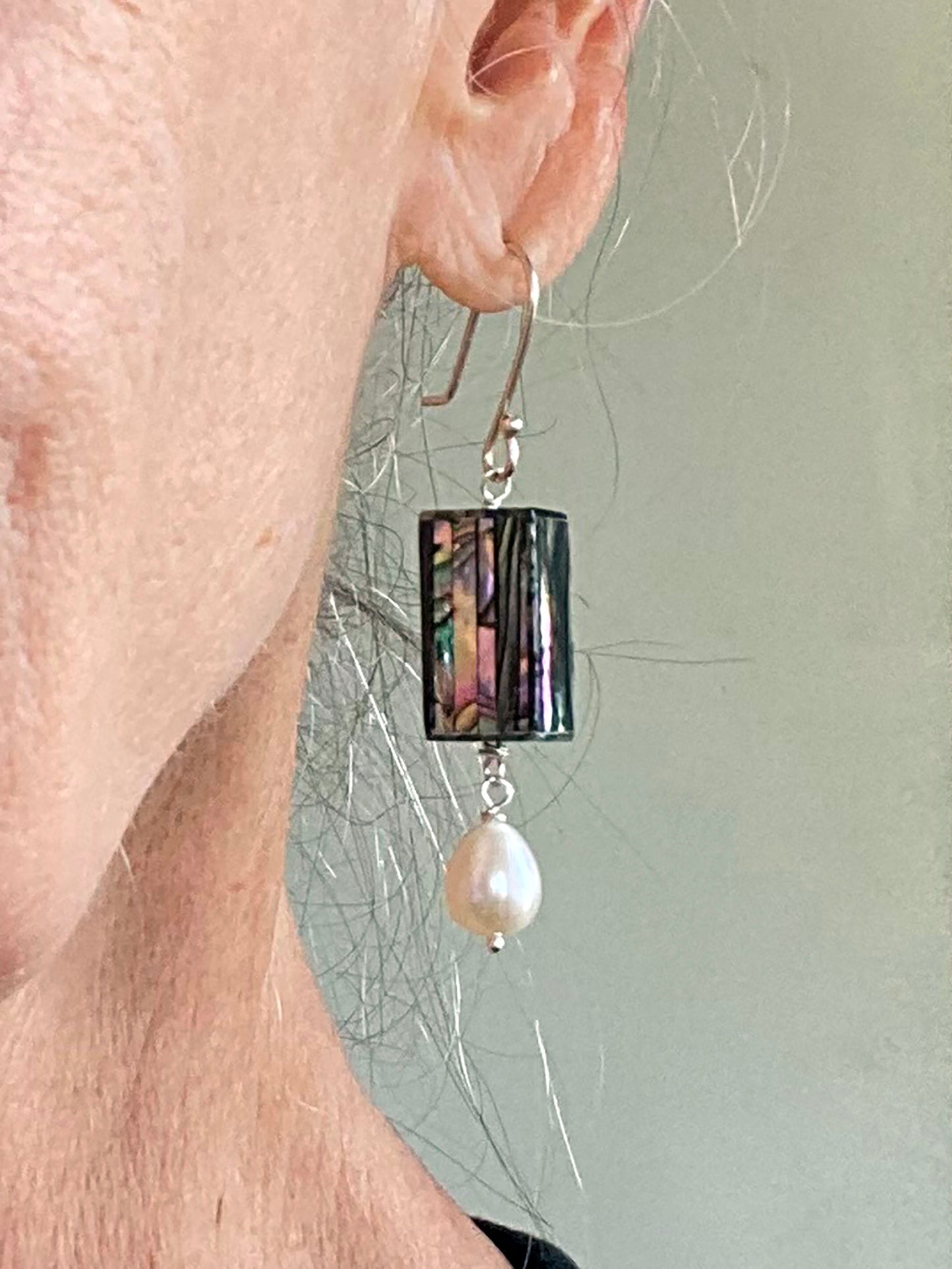 Rectangular Abalone Inlay Earrings with White Pearl Drop on Sterling Silver Wires by Linda Queally