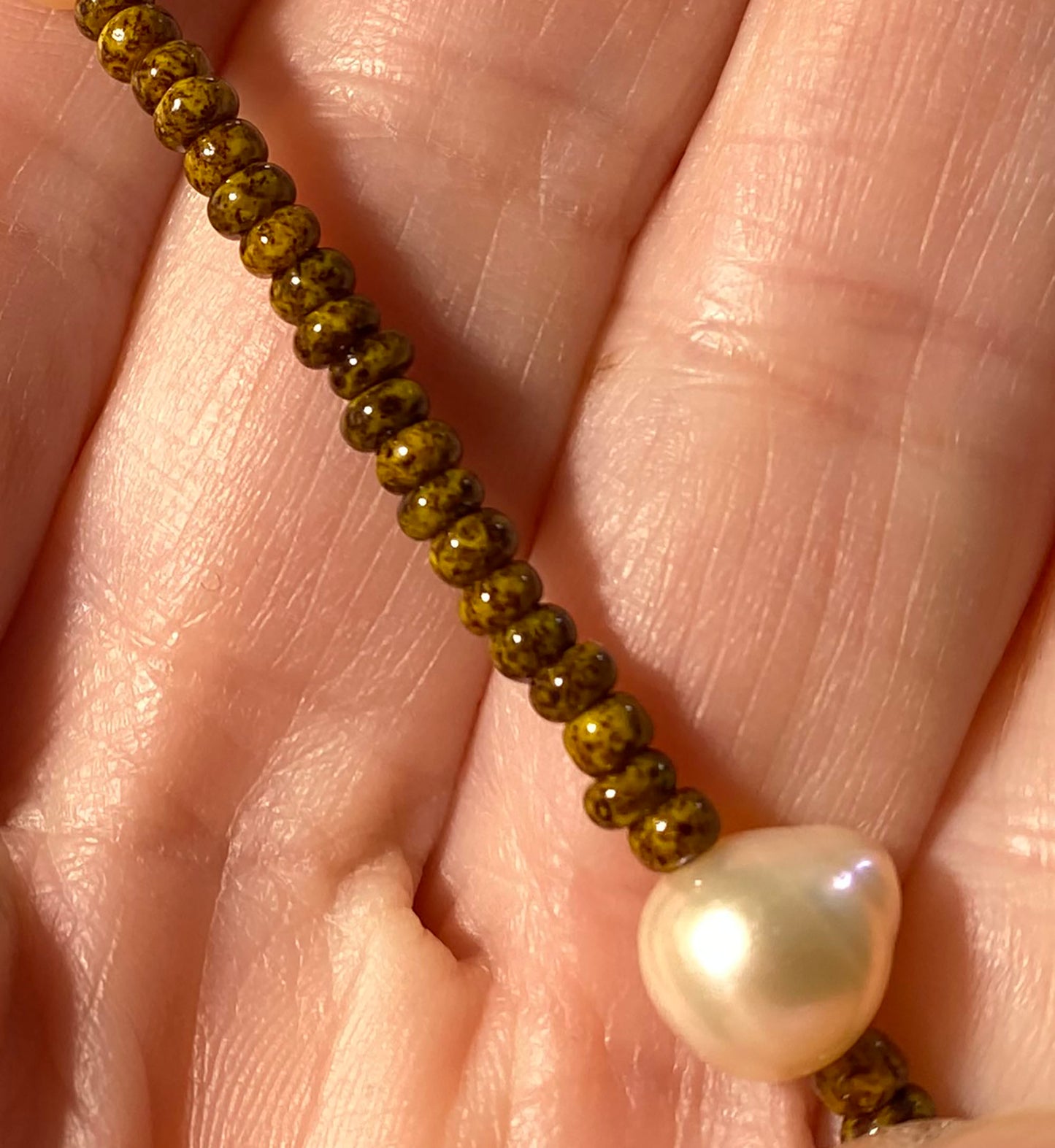Artistic Pi Pearl Necklace with Deep Olive Travertine Beads by Linda Queally