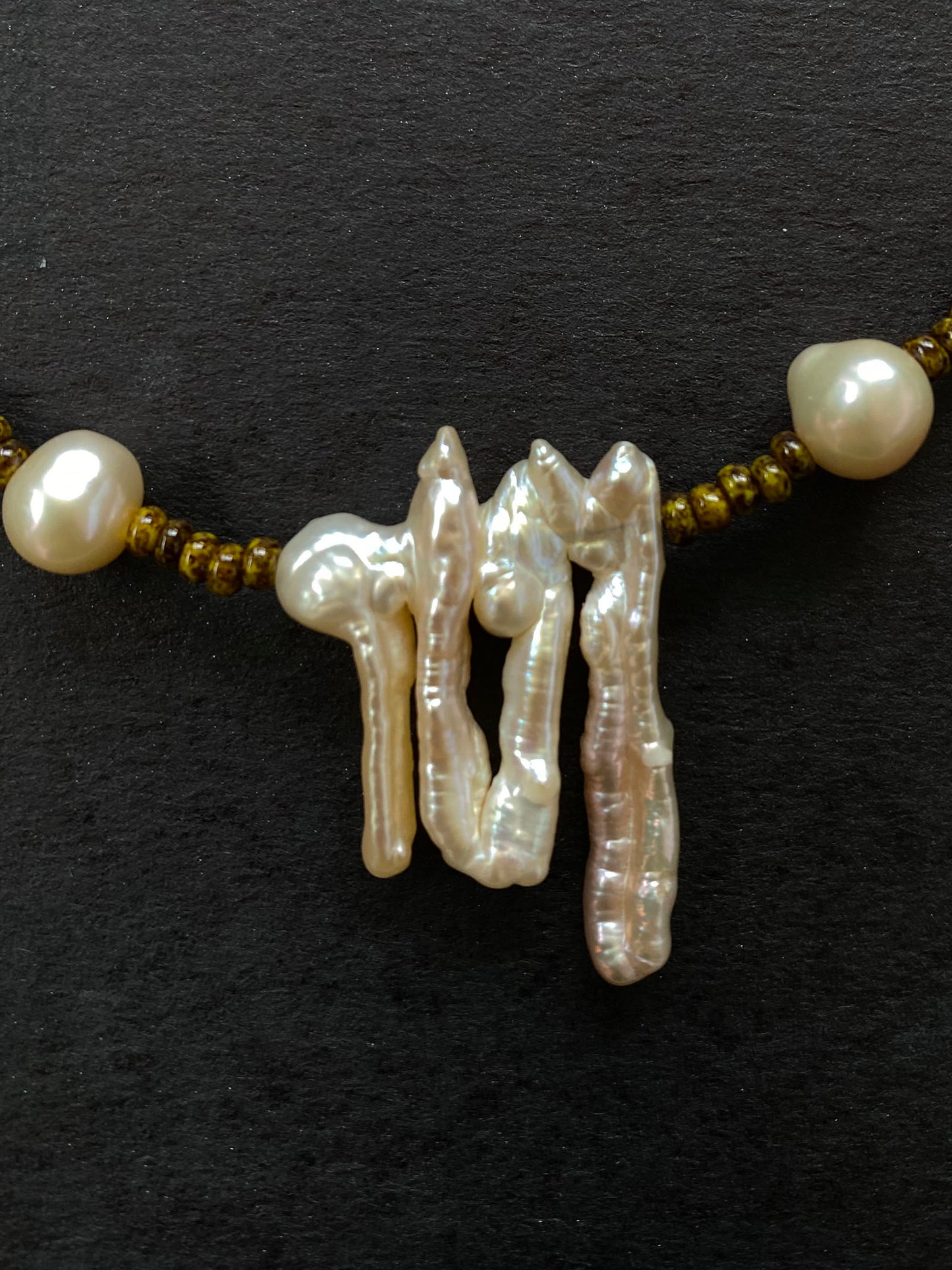 Unique Zen Pearl Necklace with Deep Olive Travertine Beads by Linda Queally