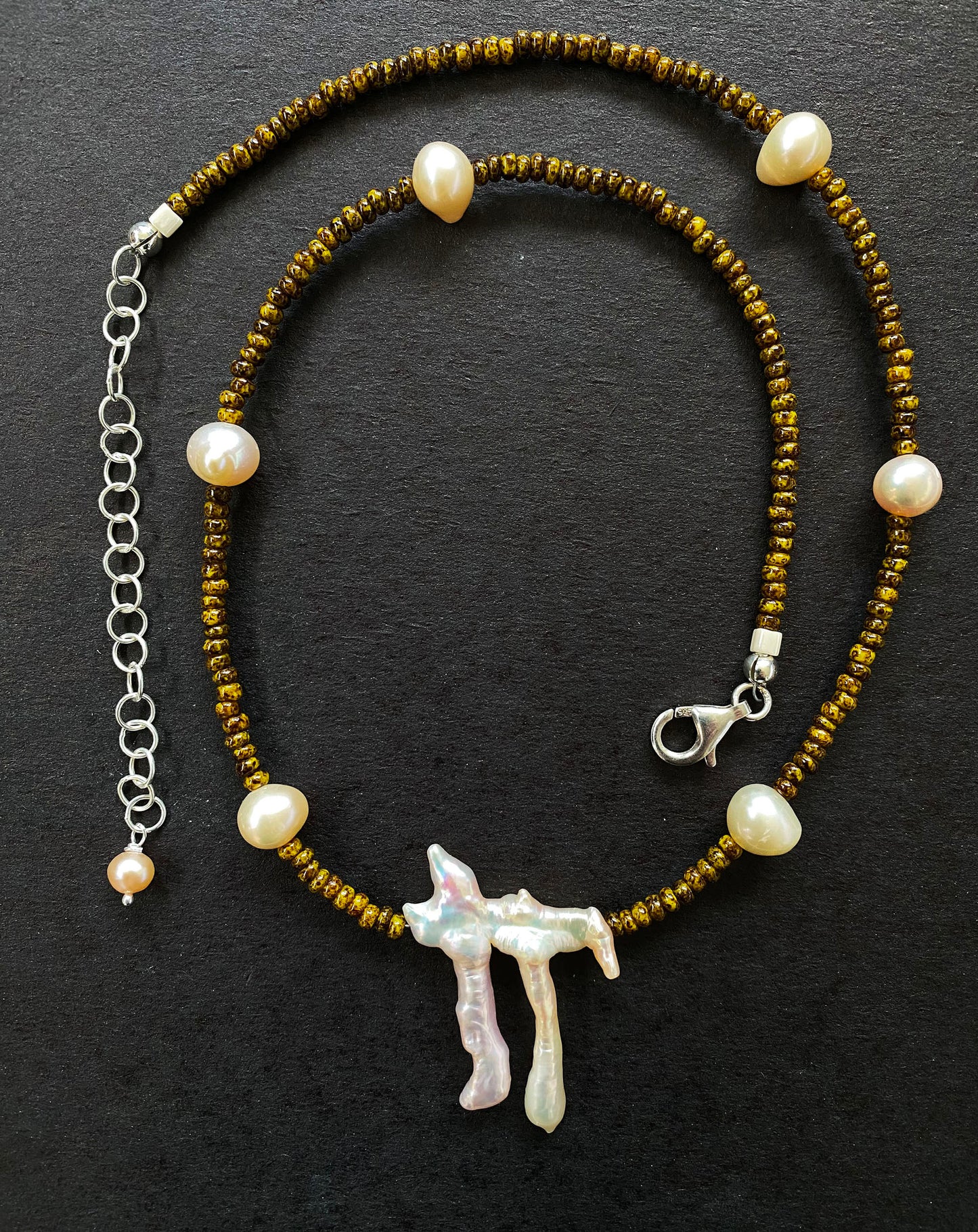 Artistic Zen Pearl Necklace with Deep Olive Travertine Beads by Linda Queally