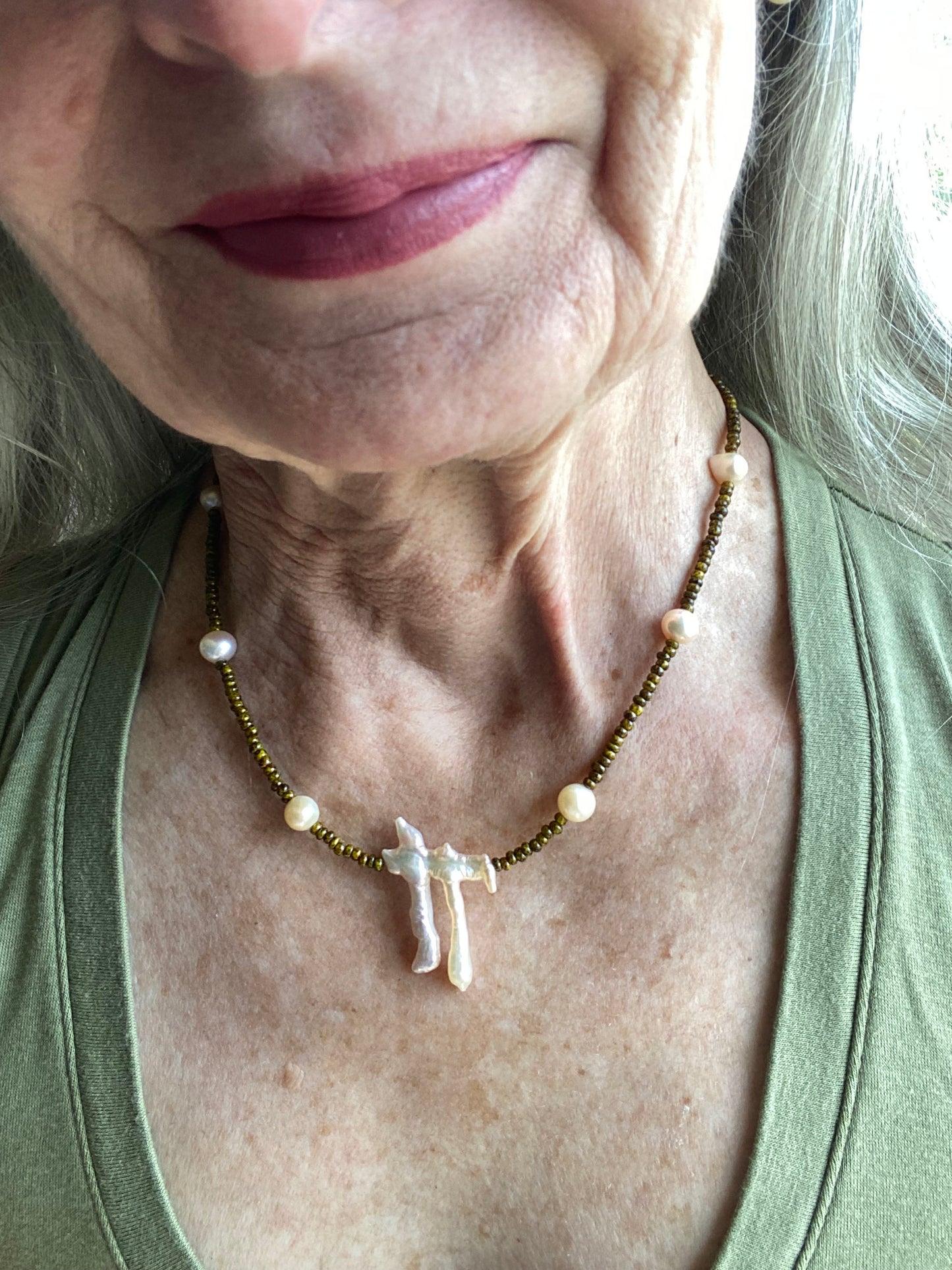 Artistic Zen Pearl Necklace with Deep Olive Travertine Beads by Linda Queally